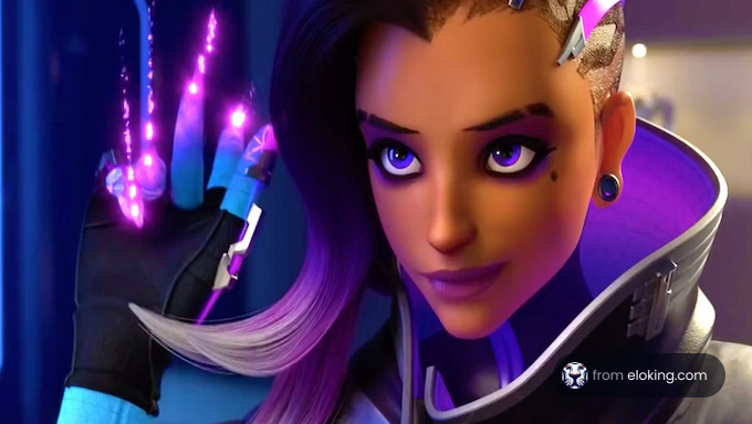 Female character with purple energy glow in futuristic setting