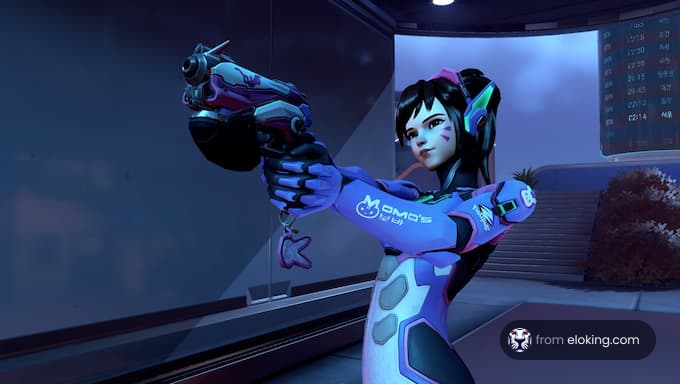 Female character with futuristic outfit holding a blaster in a gaming scenario
