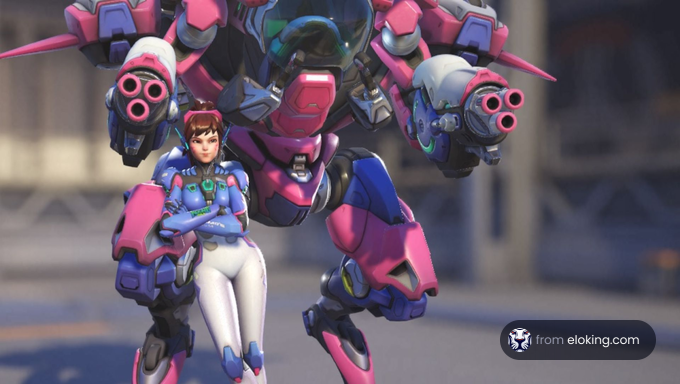 Female pilot with her pink mech robot in a game