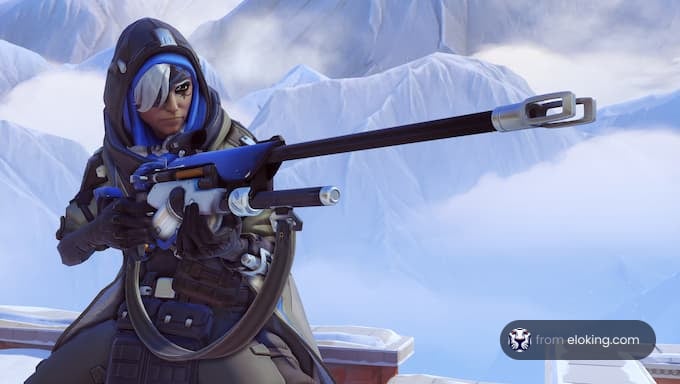 Female sniper with futuristic rifle in snowy mountain setting