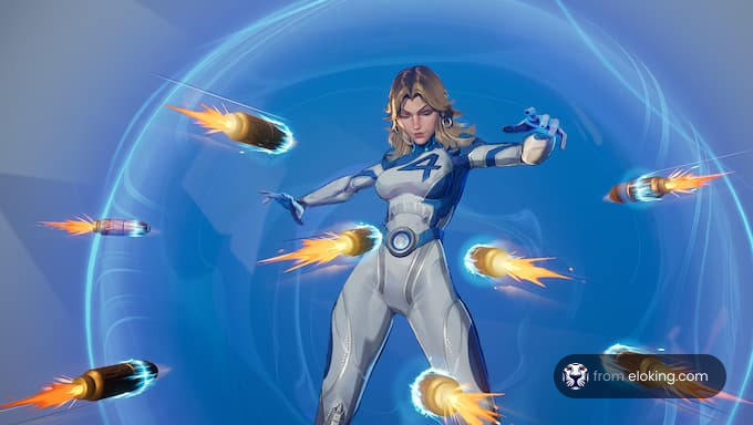 A female superhero in action with flying projectiles.