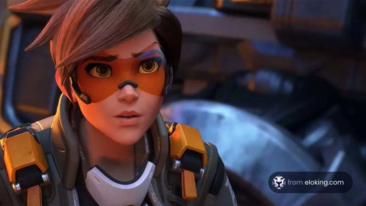 Close-up of a female video game character with an orange eye mask