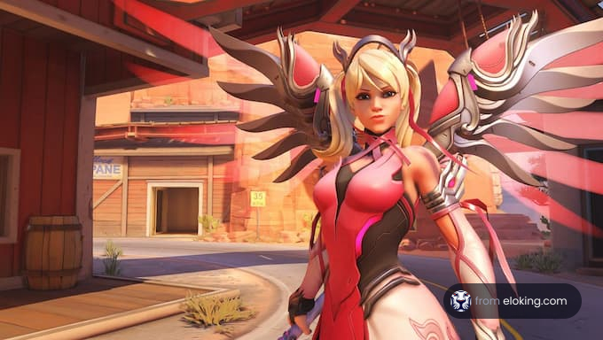 Female video game character in futuristic pink armor standing in desert town