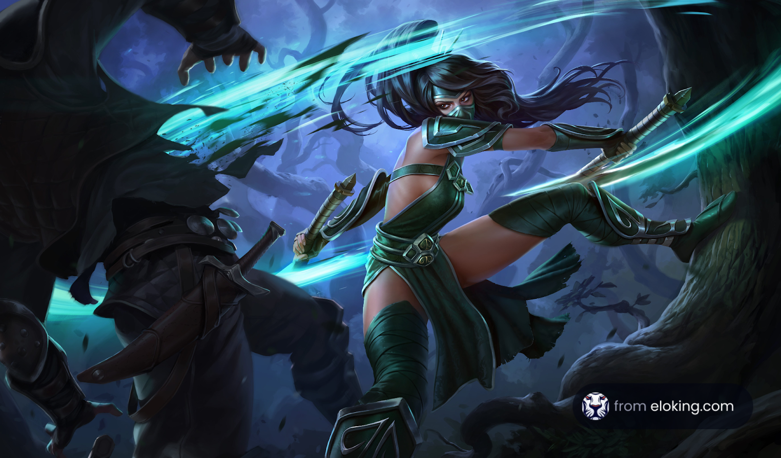 Female warrior in green battling a shadow monster in a mystical forest