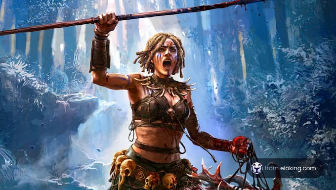 A fierce female warrior with tribal attire, wielding a spear in a mystical forest.