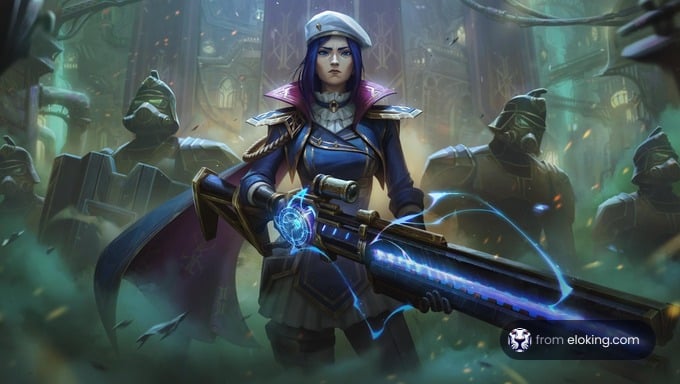 Female warrior with an energy rifle in a fantastical forest setting