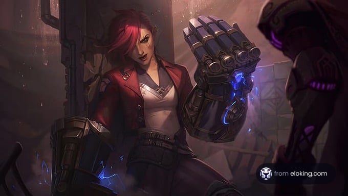 A female warrior with red hair and a mechanical arm in a futuristic setting