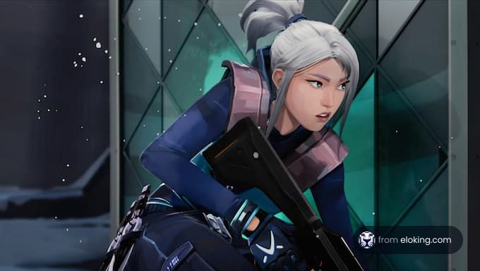 A female character in a tactical pose with a weapon.