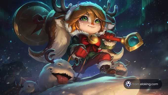 A festive character enjoying a winter adventure with cute creatures.