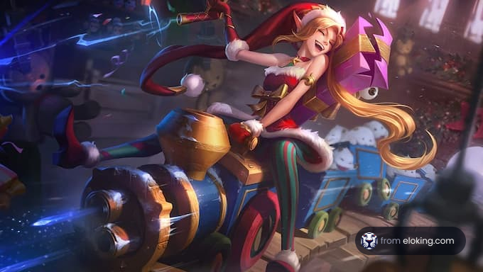 Festive female character gleefully riding a colorful cannon in a fantasy setting