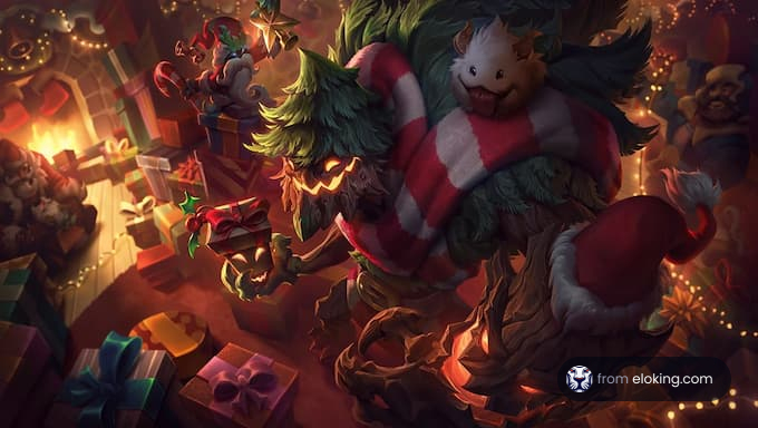 A festive tree character surrounded by holiday gifts and decorations.