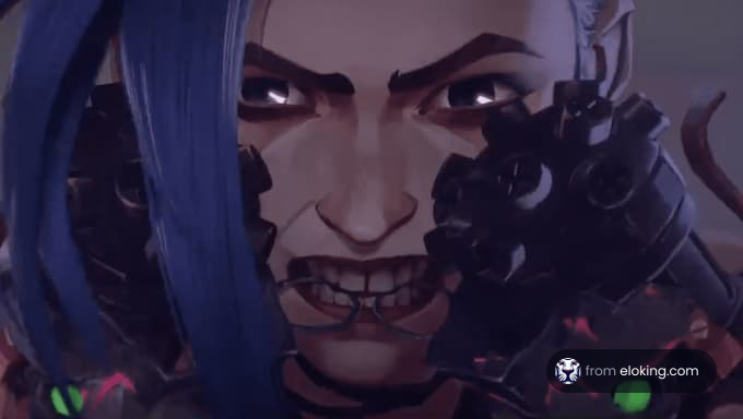 Close-up of a fierce cybernetic character with blue hair and mechanical details