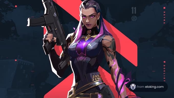 Illustration of a female warrior with purple hair and futuristic attire holding a gun