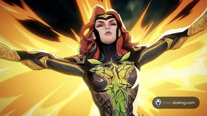 A fierce hero in a dynamic pose surrounded by energy.