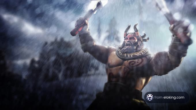 A fierce warrior posing triumphantly in a stormy landscape.