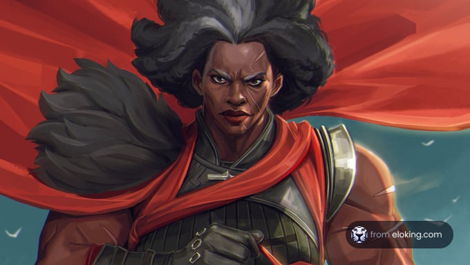 African warrior woman with flowing red cape and determined expression