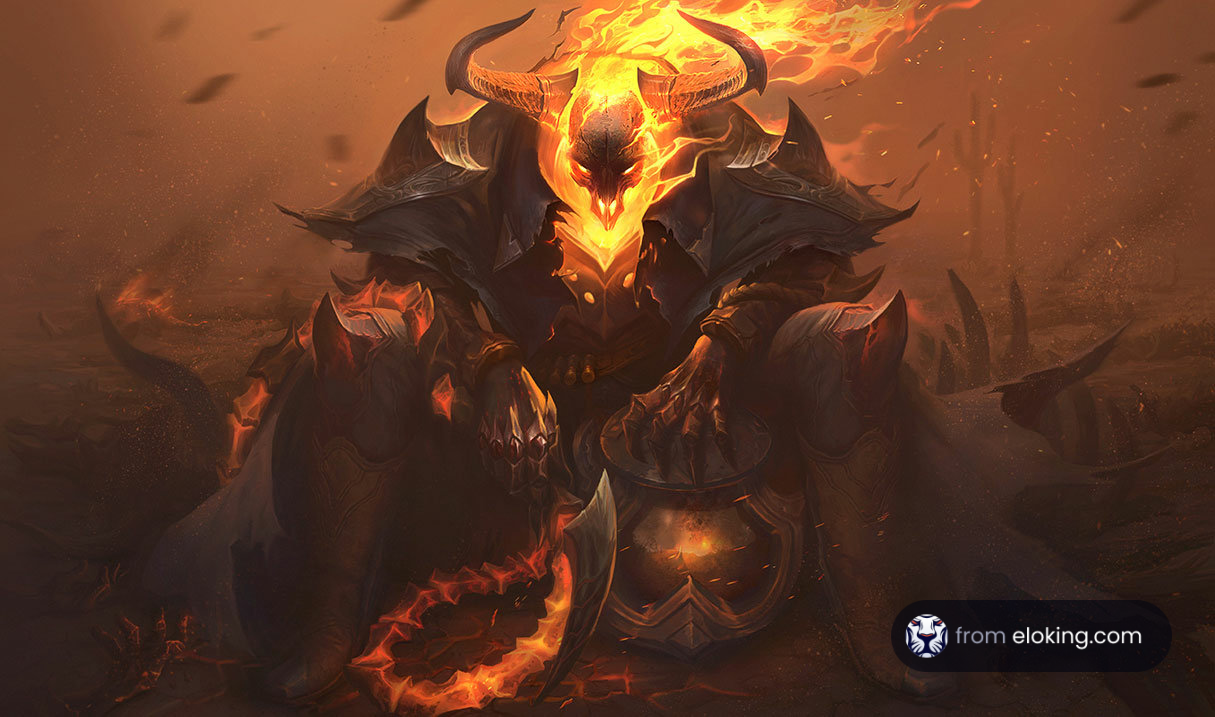 A fierce demonic warrior with glowing horns and armor in a fiery battlefield