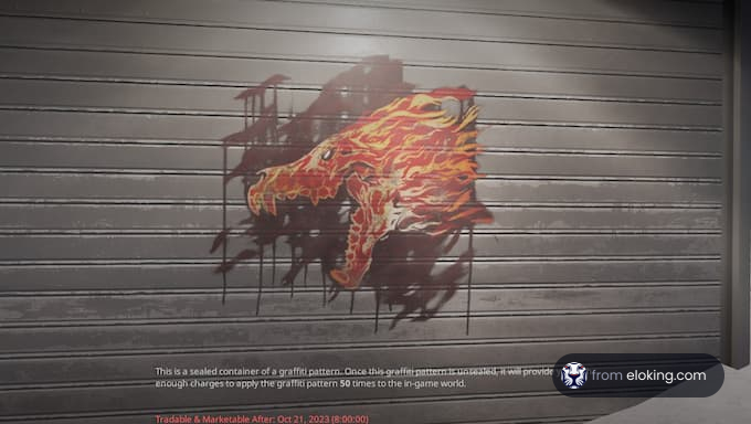 A vibrant fiery dragon graffiti art on a metal shutter