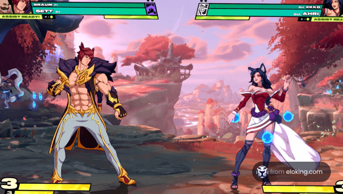 Two characters facing off in a colorful fighting game