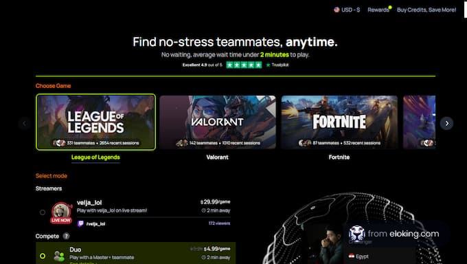 Screenshot of a gaming platform webpage offering no-stress teammates for various games like Valorant, Fortnite, and Counter-Strike