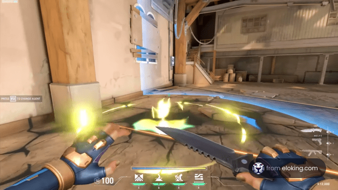 First-person view in a video game showing a player holding a weapon with glowing effects on the ground