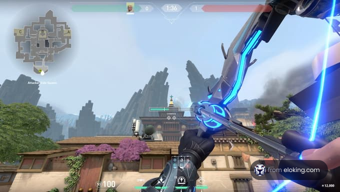 First-person view of a player using a futuristic bow in an action-packed video game