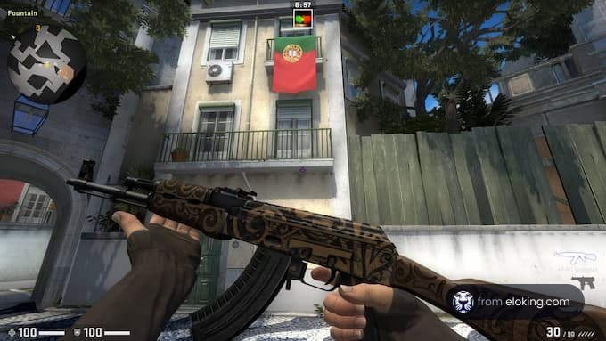 First-person view of a player holding a rifle in a game with a Portuguese flag in the background
