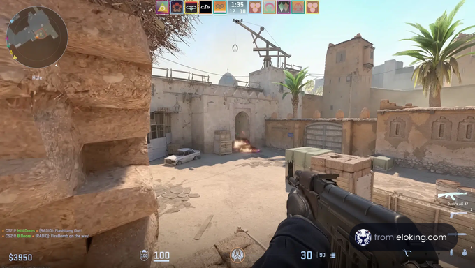 First person view of a shooter game with an armed player navigating a Middle Eastern style map