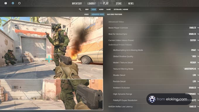 A screenshot of a first-person shooter game, displaying menu settings and in-game action.