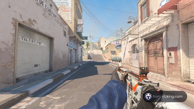 First-person view of a player holding a rifle on a deserted urban street in a video game