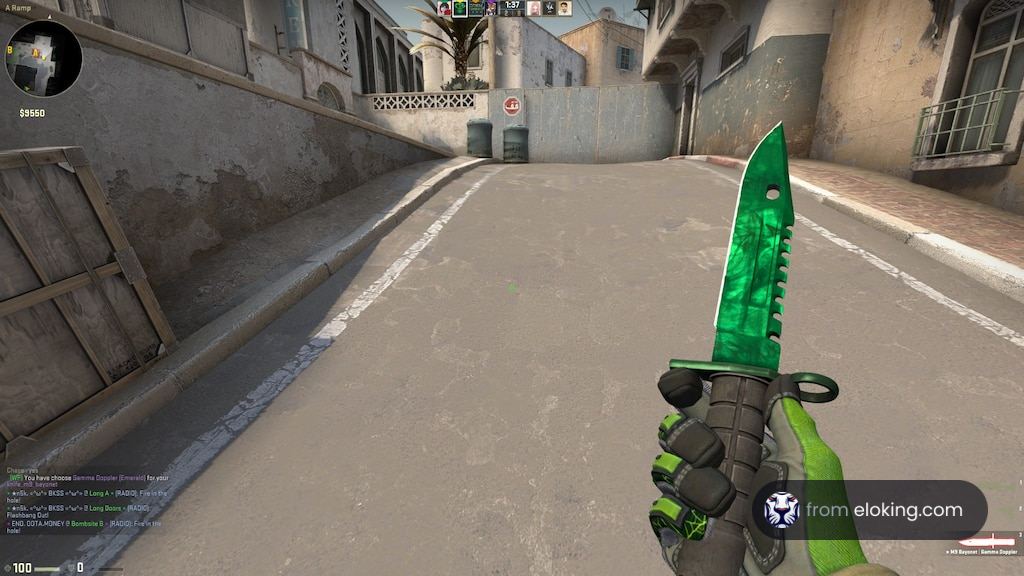 First person view of a player holding a green knife in a deserted street in a video game