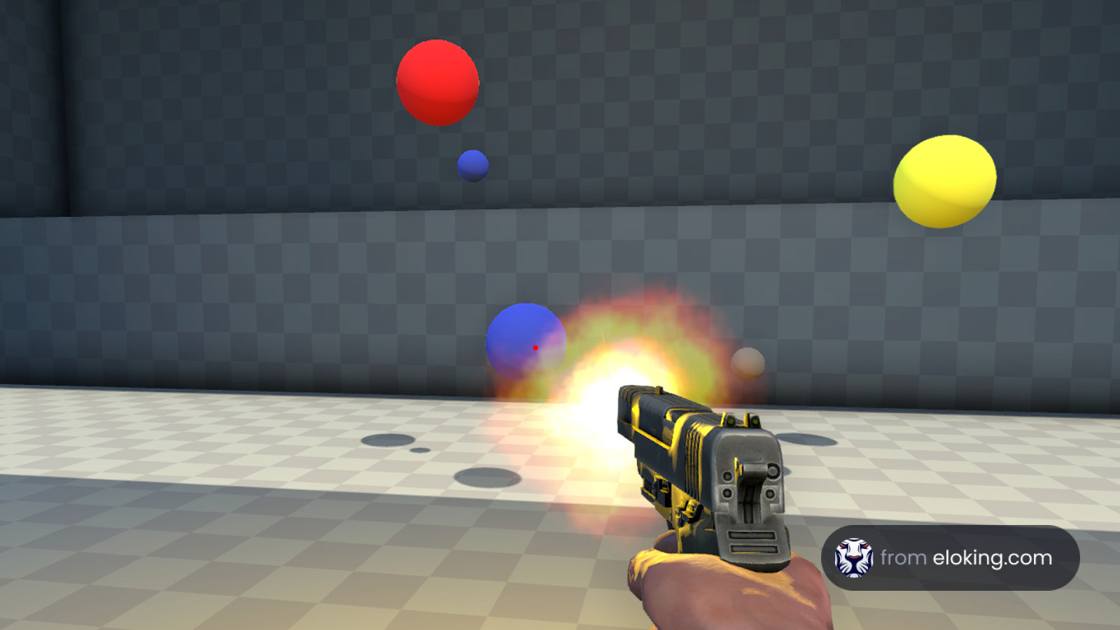 First-person shooter game scene with gun firing and colorful balls in mid-air