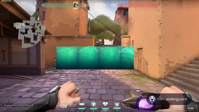 Player view in a first-person shooter game with a green energy barrier blocking a brick pathway