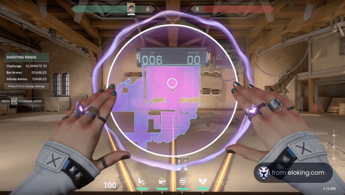First-person view of a shooter game interface with targeting reticle and HUD