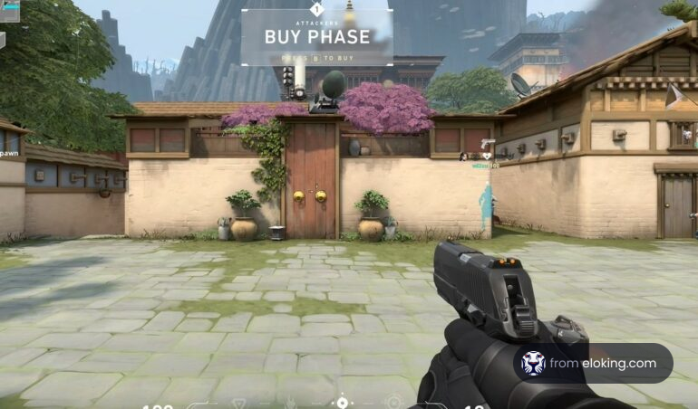 First-person view of a shooter game's buy phase with a handgun ready
