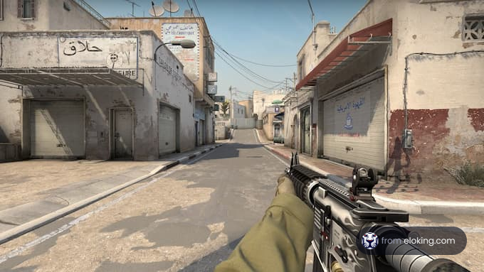 First-person view in a shooter game, walking through a deserted middle-eastern town