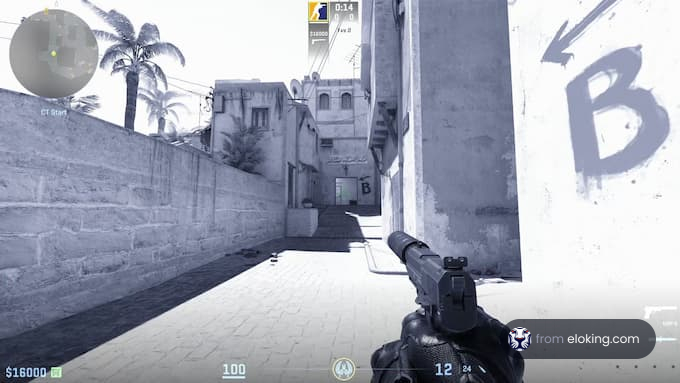 Player aiming a pistol in a first-person shooter game