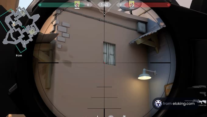 Scope view in a first-person shooter game showing a tactical map and sniper crosshair.