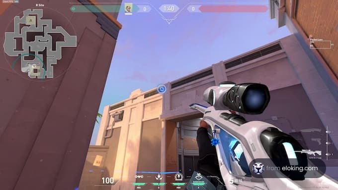 First-person view in a shooter game with a sniper rifle aiming