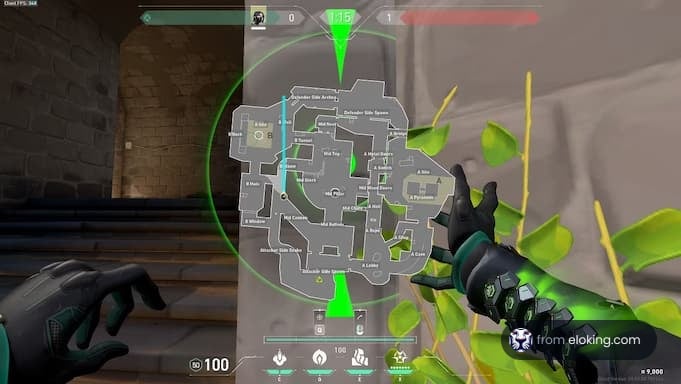 Player viewing a strategic map in a first-person shooter game