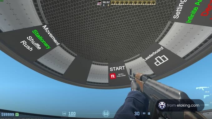 First-person shooter game interface showing HUD, training mode options, and gun