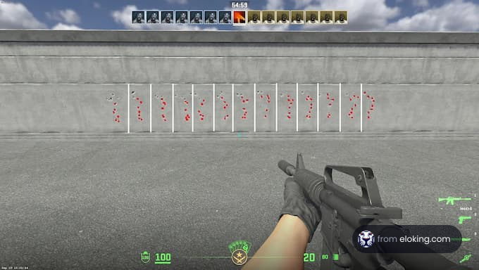 First person view in a shooter game training with a rifle aimed at targets