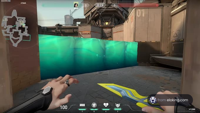 Player's perspective in a first-person shooter game with a glowing blue barrier and a futuristic knife