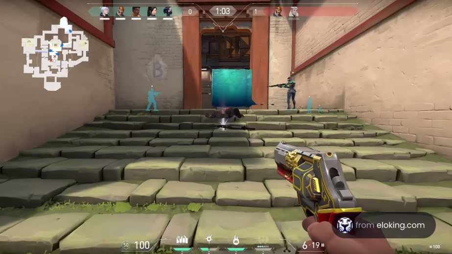 First-person view of a shooter game with gunfire hitting target