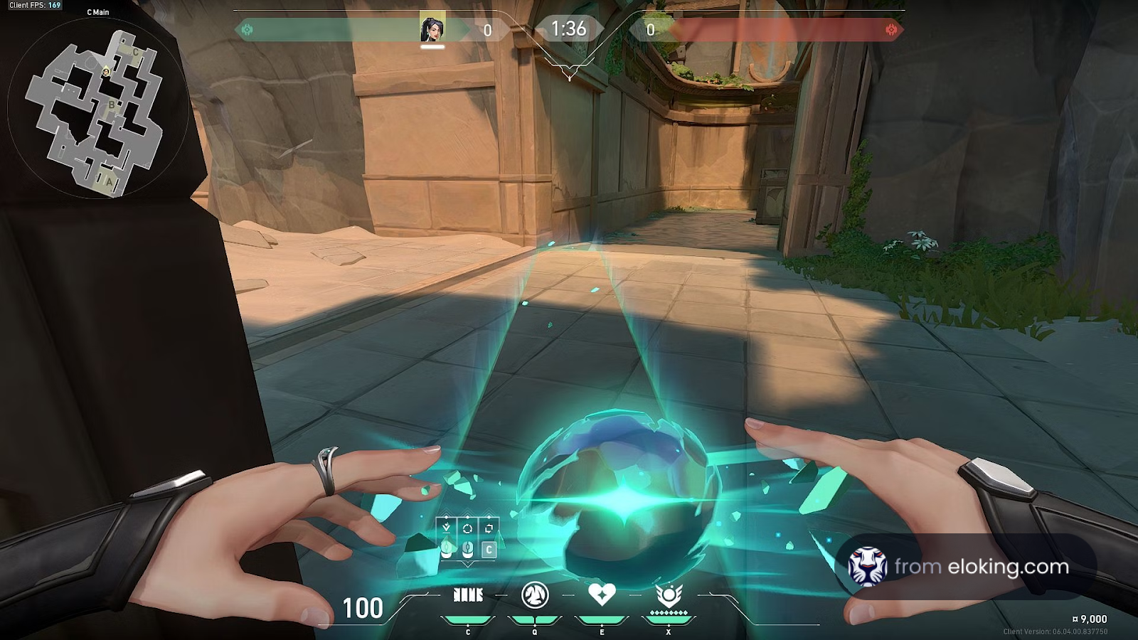 First-person view in a shooter game, activating a glowing power orb