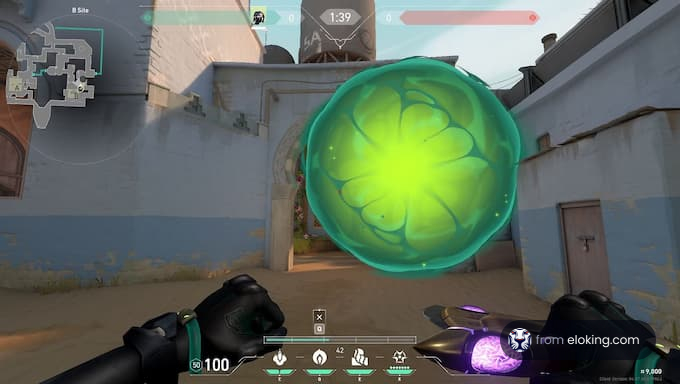 First-person view in a shooter game showing a player wielding a sci-fi weapon emitting a glowing green energy ball