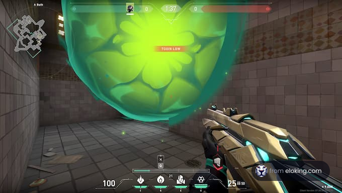 First-person shooter game view showing a green energy barrier and a high-tech weapon