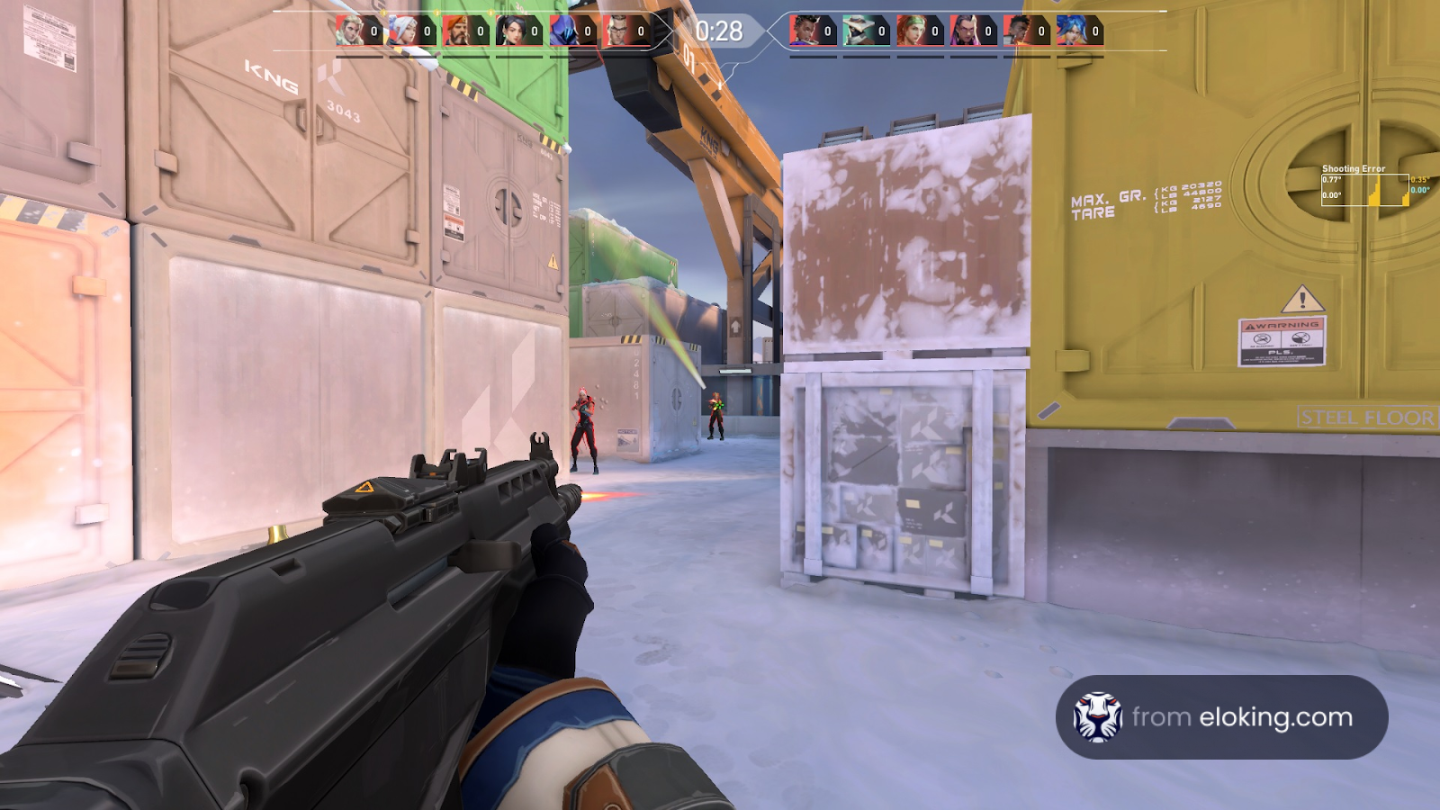 First person view of a shooter game character aiming at enemies in a snowy map