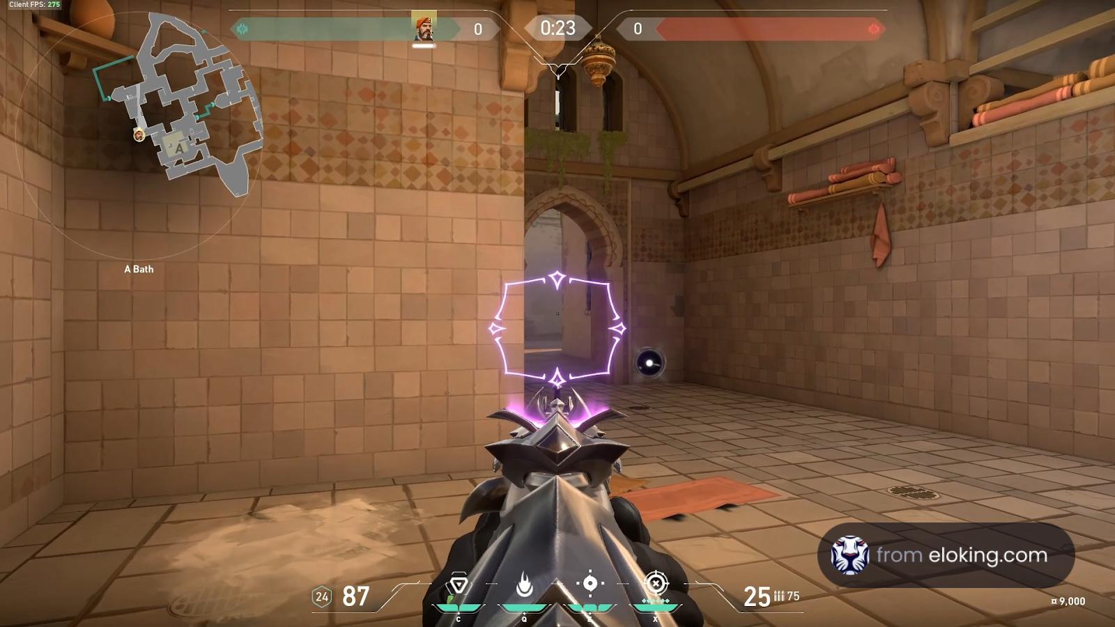 Player holding a pistol in a virtual shooting range with a score display