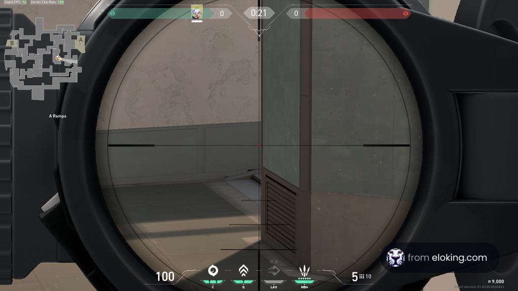 First-person shooter game scene through sniper scope
